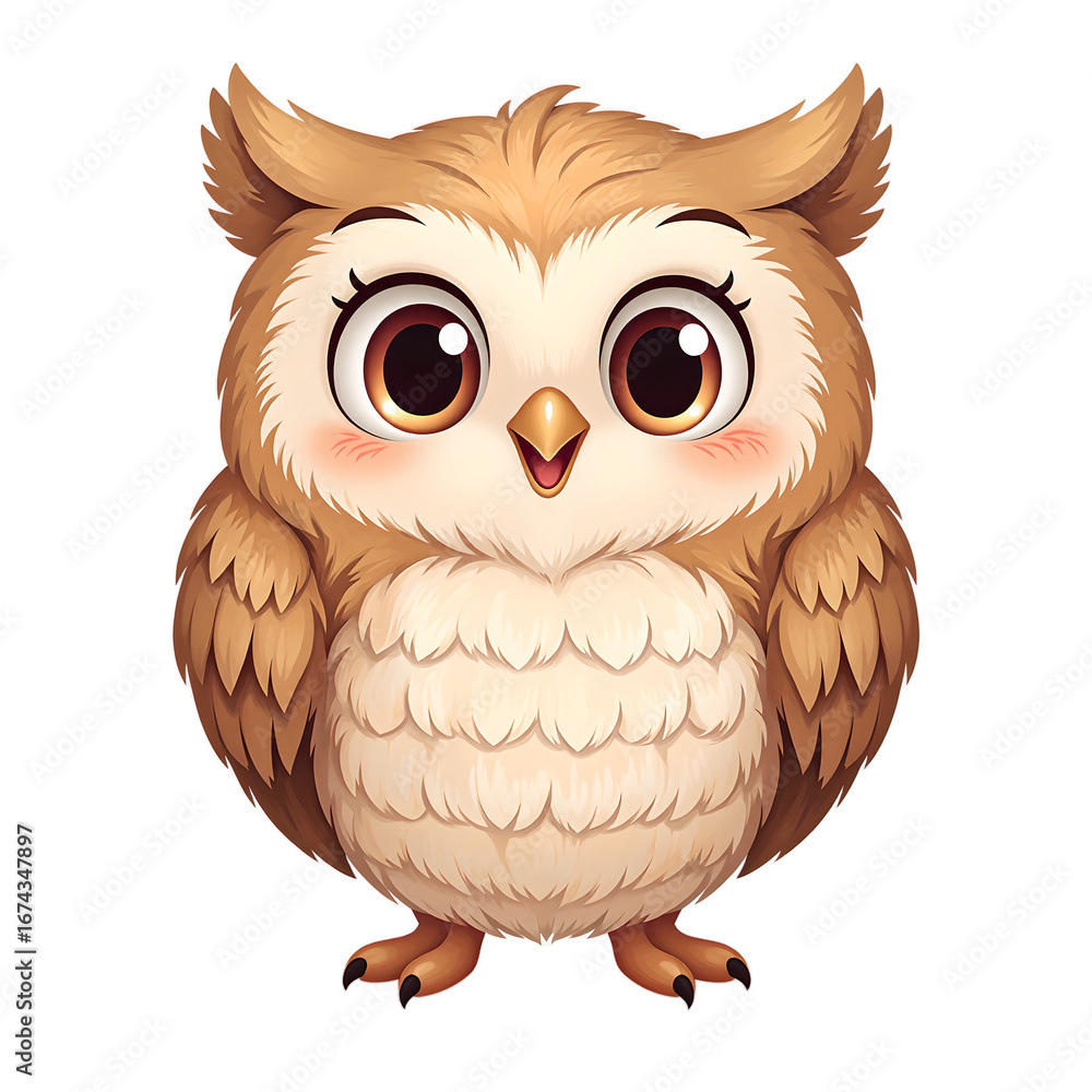 Fototapeta premium Adorable cartoon owl with big curious eyes and fluffy feathers in a soft airbrushed style Perfect for kids illustrations and nature themed designs, isolated