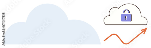 Large cloud emphasizes storage, smaller cloud with padlock highlights data security. Upward arrow symbolizes growth, analysis, scalability. Ideal for technology, security, growth, innovation