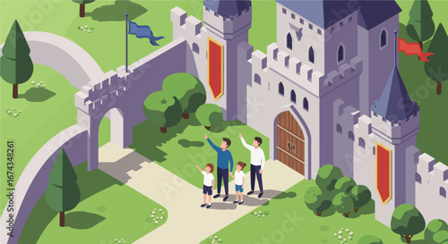 A vibrant flat design illustration showing a family enjoying a day out, exploring the historical grounds of a European medieval castle, celebrating cultural heritage. 