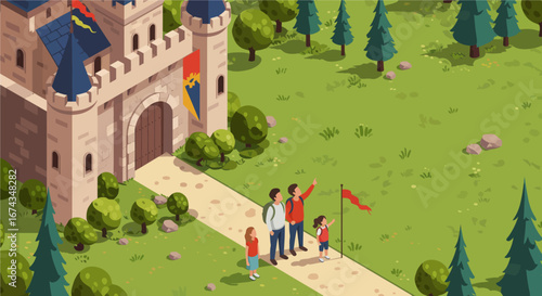 A vibrant flat design illustration showing a family enjoying a day out, exploring the historical grounds of a European medieval castle, celebrating cultural heritage. 