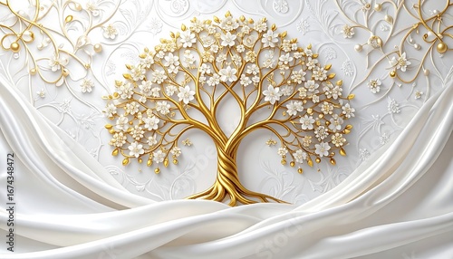 Fototapeta Naklejka Na Ścianę i Meble -  Ornate white wall mural with golden tree of life