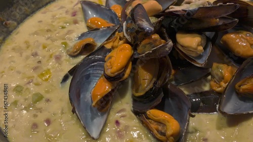 Gourmet dish with mussels in coconut sauce