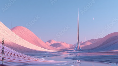 Pastel desert landscape with futuristic tower