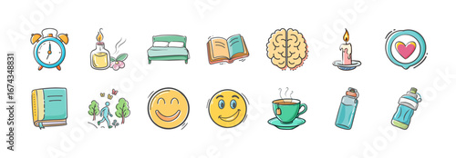 Wellness and self care doodle icons collection - Hand-drawn doodle icons representing wellness and self care including meditation, exercise, reading, relaxation, hydration, happiness, and healthy life
