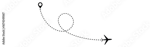 Airplane with dotted line route. flying plane with twisted, curved and straight dashed trace path Vector eps 10