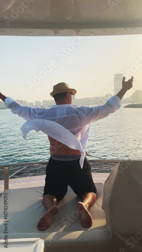 Handsome man with hat enjoying sunset sail on luxury yacht in Dubai Marina with hands wide open up in the air, vertical video