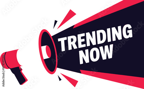 Megaphone with "TRENDING NOW" text, symbolizing a loud announcement, popular topics, and viral marketing.