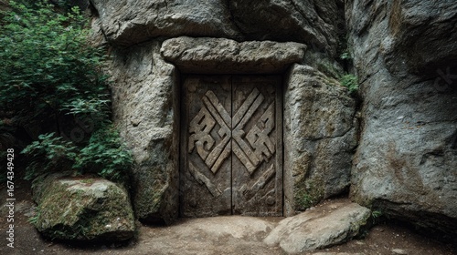 Ancient wooden door carved into rock face. Lush greenery surrounds