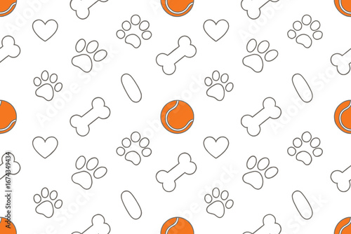 Seamless dog pattern with paw prints, bones, hearts, and tennis balls on a white background, ideal for pet store designs and animal themes.