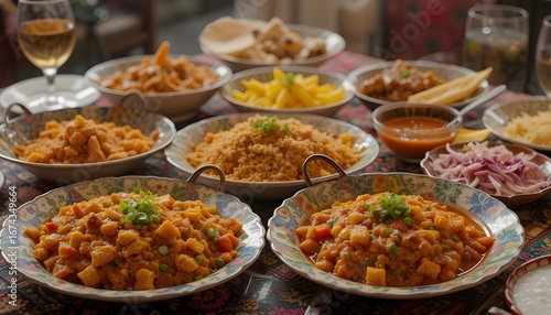 Pakistani traditional food on dining table, vibrant desi dishes, rich colors, cultural theme
