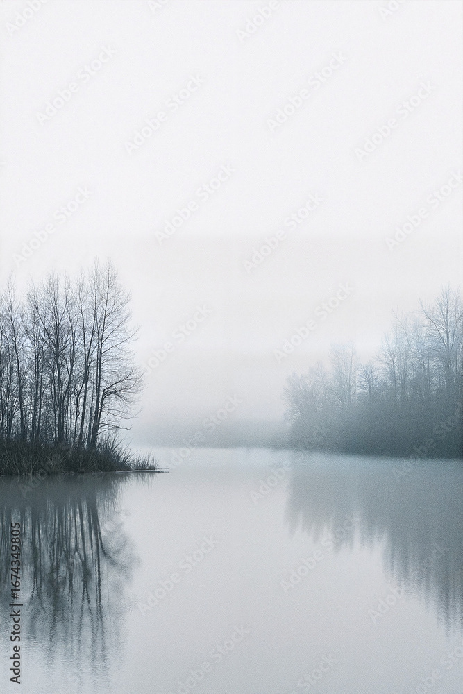 Fototapeta premium Foggy river landscape with trees along the bank 
