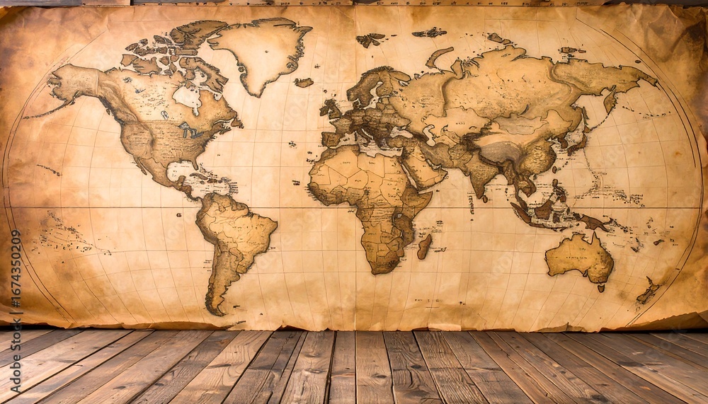 Naklejka premium Vintage world map on aged parchment over wooden floor
