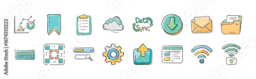 Digital business and technology doodle icons collection - Hand-drawn doodle icons representing digital business and technology themes including cloud storage, data, emails, downloads, uploads,