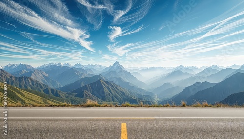 Mountain Vista Highway with Distant Summits and Textured Clouds Under a Bright Azure Sky Providing a Sense of Adventure
