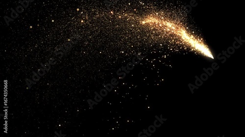 Golden Firework Trail Forming Arc on Black Background with Twinkling Particles Floating. Christmas Design Element Overlay Screen. Gold Dust Glowing Fairy Style. Flying Stars 3d Animation 4k.