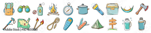 Camping and outdoor adventure doodle icons collection - Hand-drawn doodle icons representing camping and outdoor adventure gear including backpack, tent, fire, compass, tools, cooking, and survival