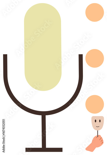 Large standing microphone with human-thumbs up face emerging from dots and hand, symbolizing communication, dialogue, creativity, technology. Ideal for podcasts, media, audio recording, interviews