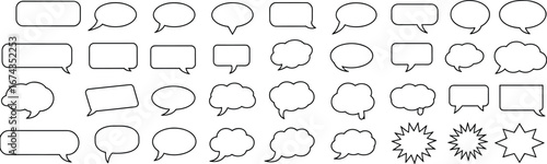 Outline speech bubbles, comic dialogue balloons, transparent conversation clouds, chat bubble icons, communication symbols vector, line art, talk shapes design