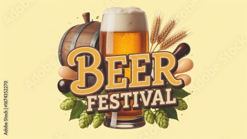 Beer Festival Illustration: A vibrant illustration showcases a frothy mug of beer, accompanied by hops, wheat, and a barrel, representing the essence of a festival celebrating the brew. 