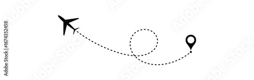 Airplane with dotted line route. flying plane with twisted, curved and straight dashed trace path Vector eps 10