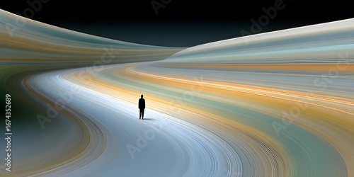 Solitary figure on a winding abstract path