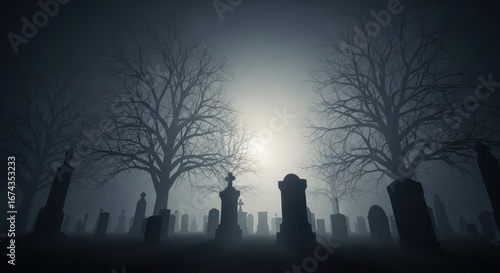 Eerie Graveyard Scene with Tombstones and Bare Trees in Dense Fog, Halloween Concept