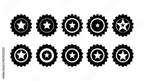 Collection of ten black star rosette icons with varying star placements and circle designs arranged neatly