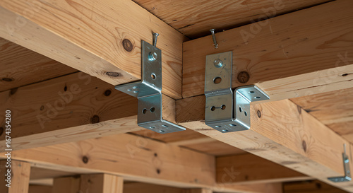 Close-up of metal joist hangers securing wooden beams in a residential construction setting, illustrating structural support and building techniques