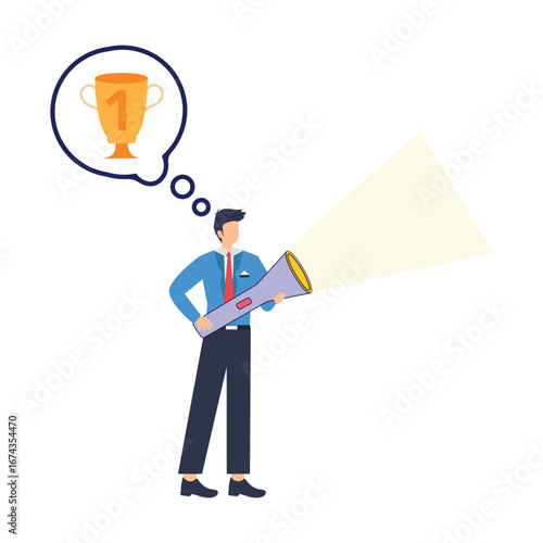 Flat illustration of businessman holds flashlight for guidance symbolizing mentorship and direction towards success stock illustration
