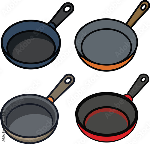 Set of Four Frying Pans – Colorful Cooking Utensils Illustration