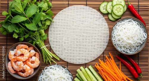 Ingredients for spring rolls shrimps, rice paper, vegetables and herbs