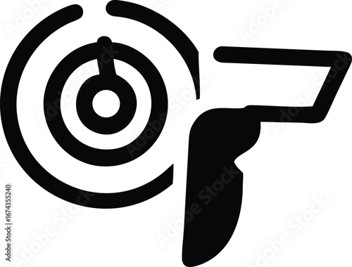 Black Silhouette Icon of a Target with Rings and a Handgun on a White Background shooting weapon