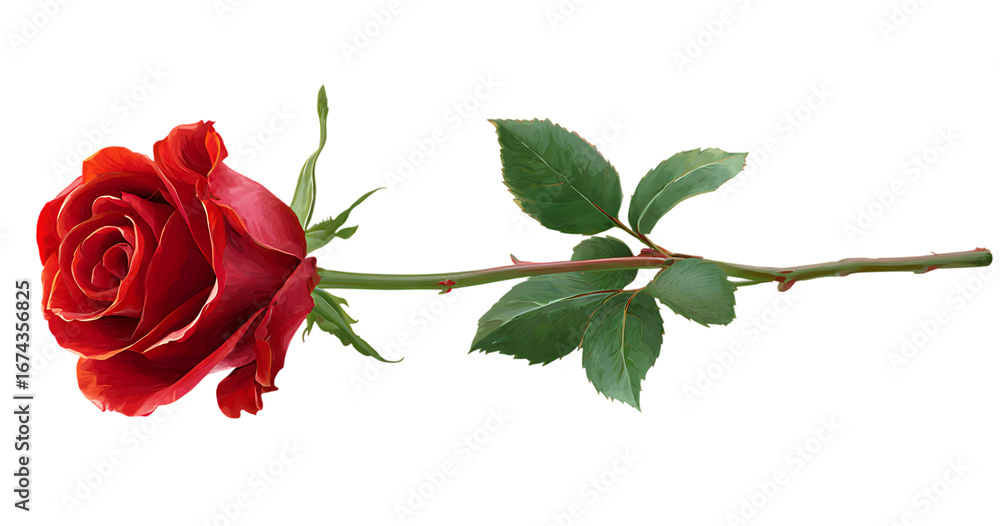 Fototapeta premium A single beautiful red rose with green leaves isolated on a deep black background