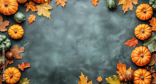 Autumn Harvest Display Featuring Pumpkins and Foliage in Vibrant Orange and G...