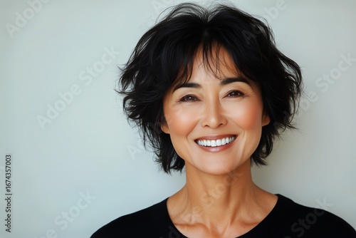 Bright Smile From a Woman With Short Hair in a Minimalist Setting.
