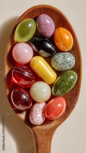 Colorful Assortment of Various Candies Arranged on a Wooden Spoon for an Attr...