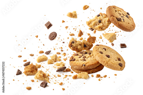 Pile cake crumbs, cookie pieces flying isolated on white, clipping path.