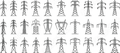 Set of electric power transmission towers, high voltage pylons, line art illustration, energy infrastructure icons, electricity grid symbols, electrical towers collection, power lines