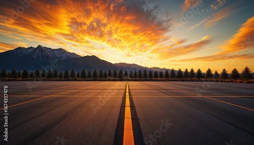 Empty road toward the mountains under a dramatic sunset sky with orange and yellow clouds and rows of evergreen trees