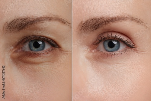 Before and after comparison of woman eye area dark circle treatment