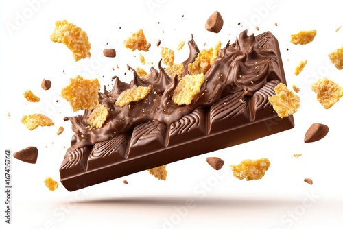Chocolate bar with cereal pieces and melted chocolate splash