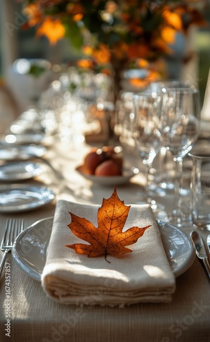 Elegant Autumn Table Setting With a Maple Leaf Accent for a Cozy Dinner Gathe...