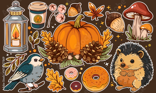 Cute cozy autumn stickers set with hedgehog, pumpkin, bird, mushrooms, lantern, coffee, donuts and pinecones