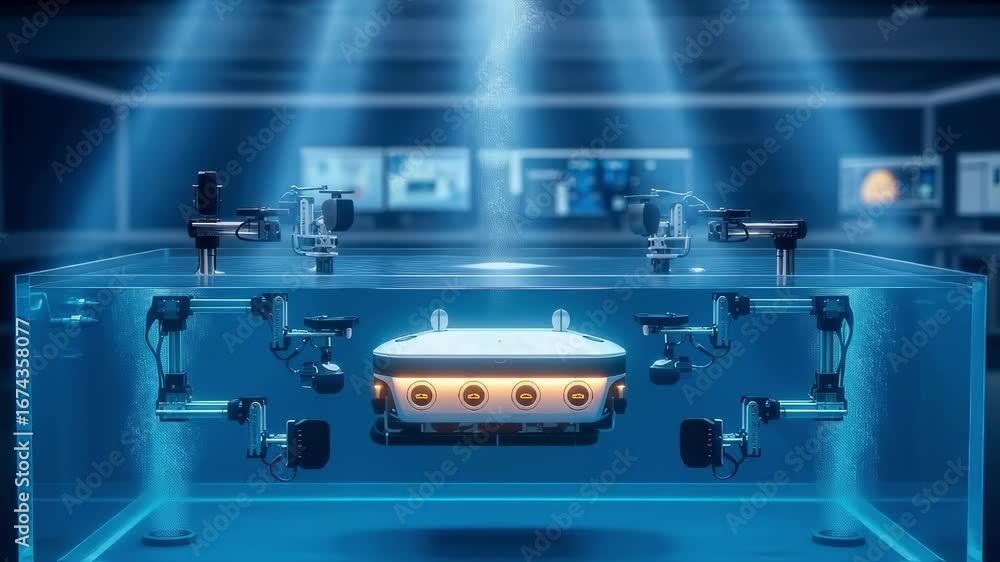 Sophisticated sonar alignment tank setup with autonomous underwater ...