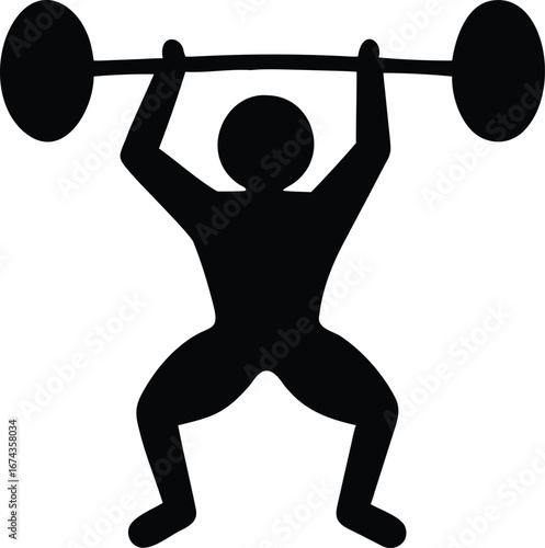 Simple black silhouette of a person squatting and lifting a barbell overhead on a white background