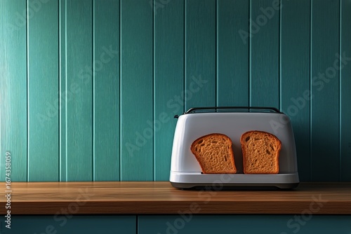Modern Kitchen With Stylish Toaster and Cup on Wooden Countertop During Brigh...