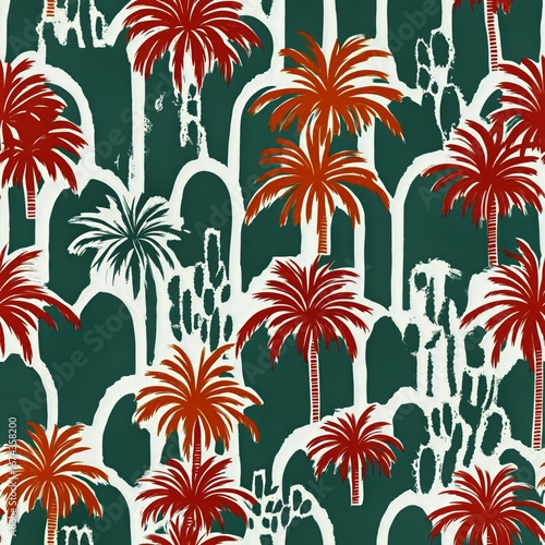 Vibrant Tropical Pattern Featuring Palm Trees and Cacti in an Artistic Design
