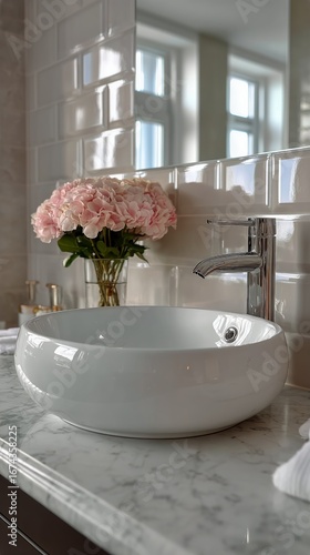 Elegant Bathroom Design Featuring a White Sink and Pink Peony Flowers in a St...