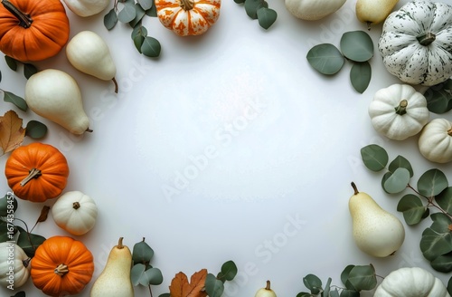 Colorful Autumn Harvest With Pumpkins and Gourds Arranged on a Light Background.