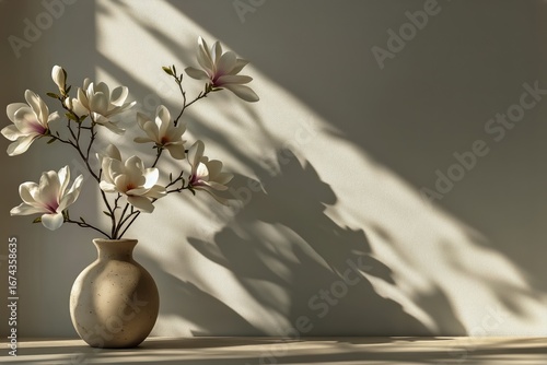 Elegant Magnolia Flowers in a Simple Vase Casting Shadows on a Wall in Warm L...